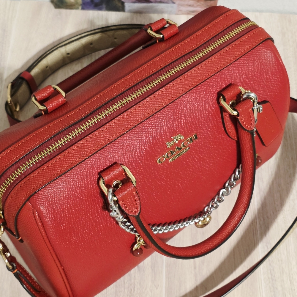 Coach Rowan Satchel Bag Purse Red Leather Crossbody CH322 + Swagger Chain Charms - Picture 8 of 16